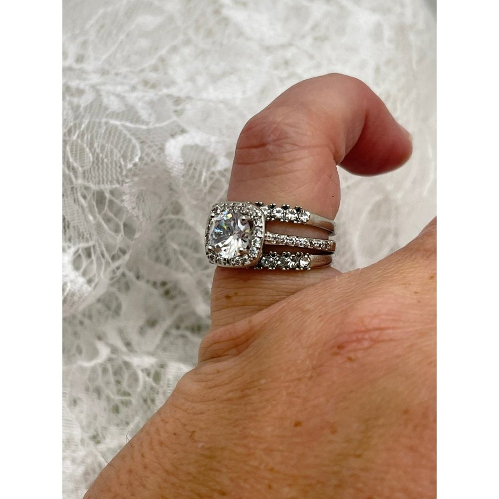 Square Halo Round Cut Faux Diamond Ring & Stacked Ring Set Silver 925- 3 Rings - Picture 3 of 11
